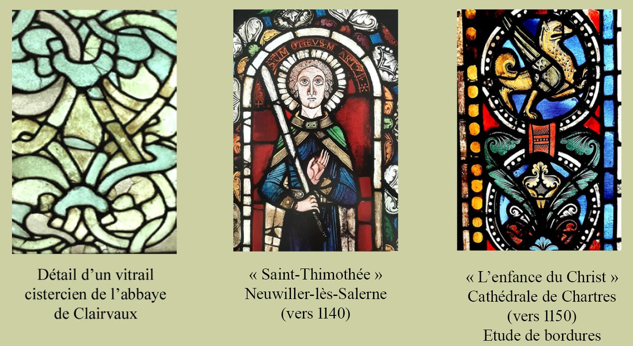 Détails de vitraux anciens de Clairvaux, Saint-Thimothée et de la cathédrale de Chartres