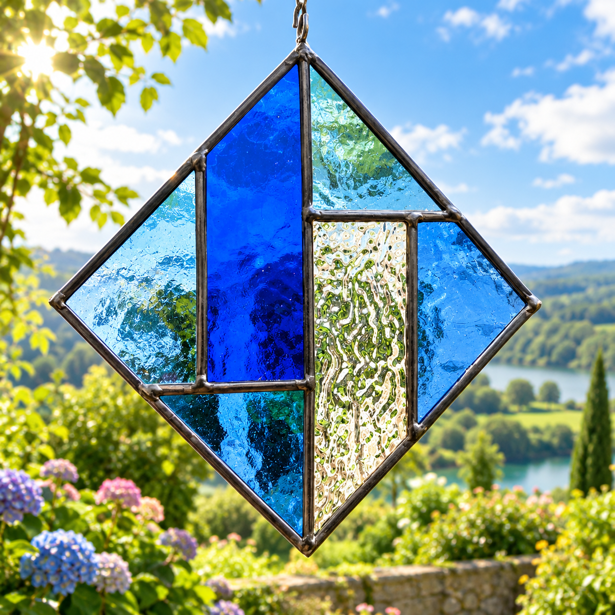 Petit vitrail bleu réalisé lors d’un atelier de découverte
