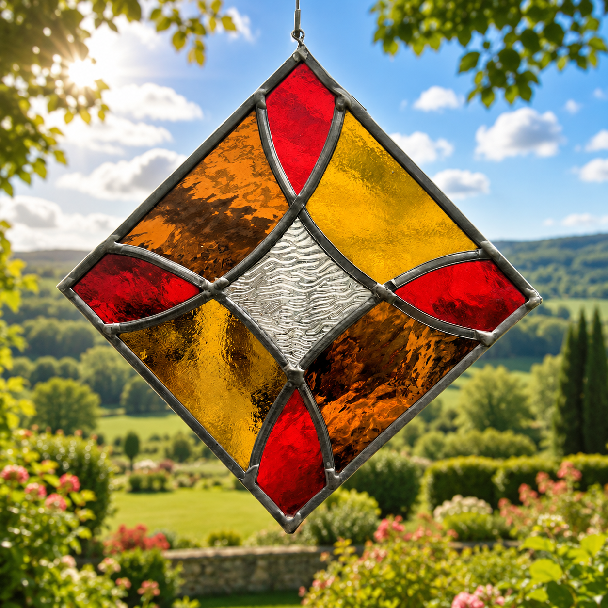 Petit vitrail rouge et ambré réalisé lors d’un atelier de découverte