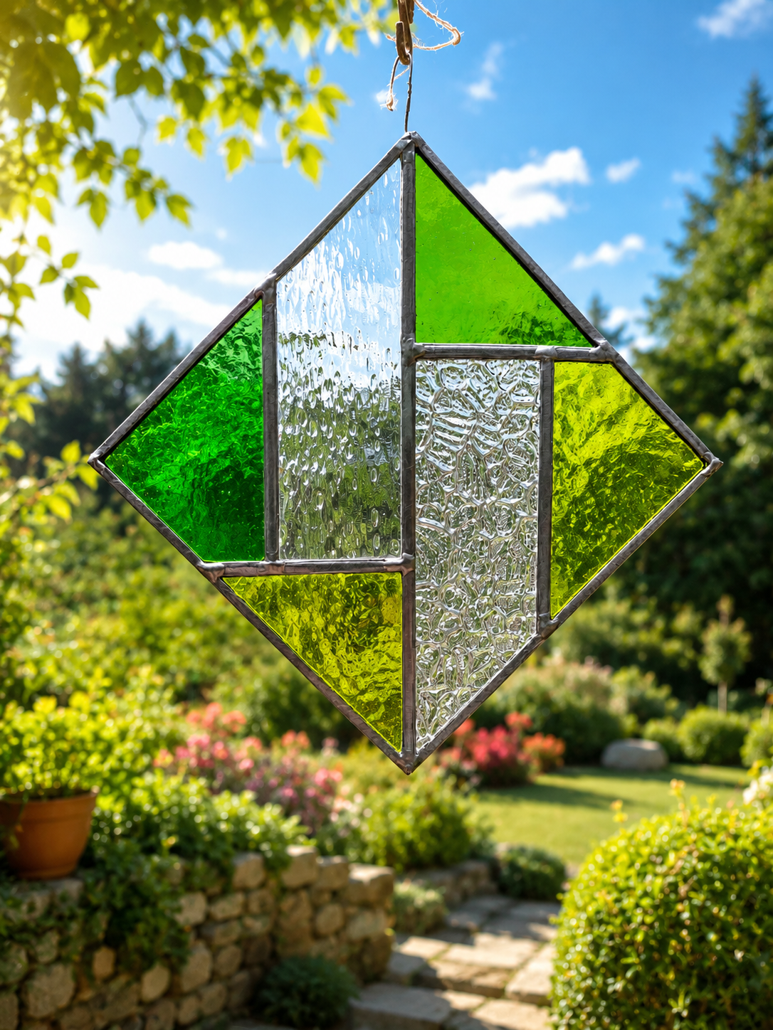 Petit vitrail vert réalisé lors d’un atelier de découverte